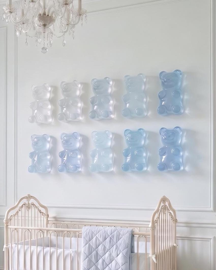 Nursery Wall Art, Modern Baby Girl Nursery Decor, 3D Transparent Gummy Bear Sculpture, Pastel Rainbow Ombre Room Decor, Whimsical Resin Art