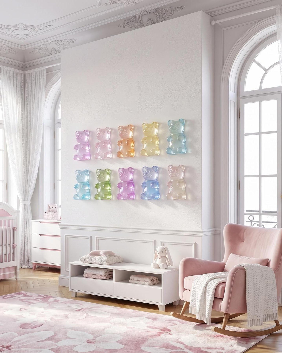 Nursery Wall Art, Modern Baby Girl Nursery Decor, 3D Transparent Gummy Bear Sculpture, Pastel Rainbow Ombre Room Decor, Whimsical Resin Art