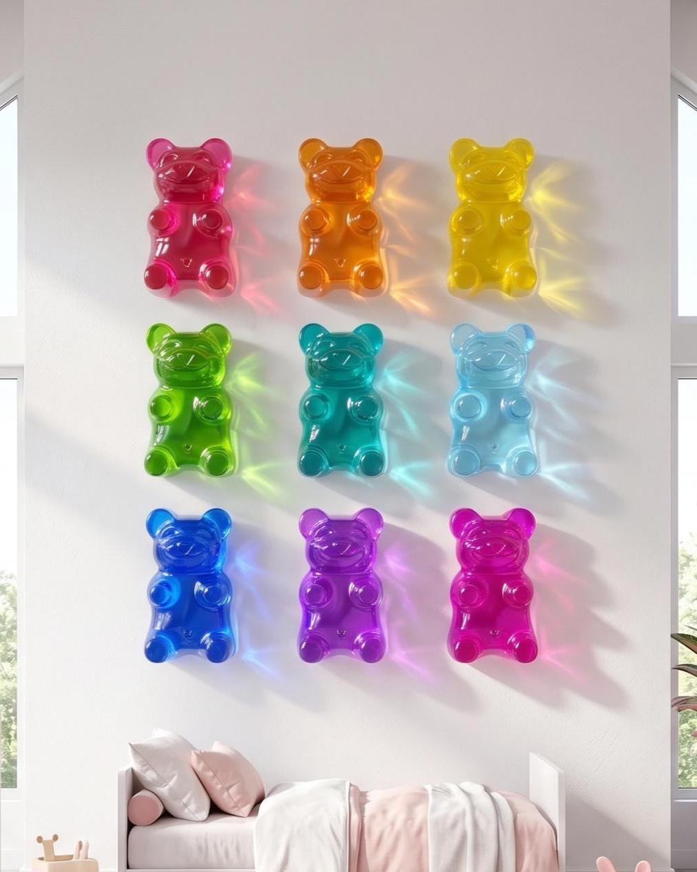 Nursery Wall Art, Modern Baby Girl Nursery Decor, 3D Transparent Gummy Bear Sculpture, Pastel Rainbow Ombre Room Decor, Whimsical Resin Art