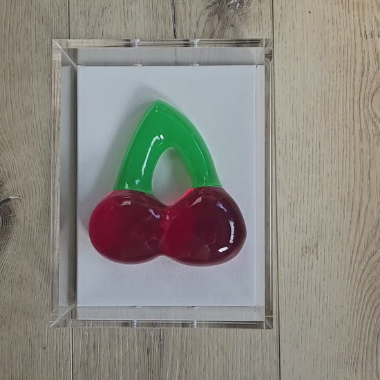 3D Cherry Gummy Wall Art | Resin Candy Sculpture in Acrylic Shadow Box (Nostalgic Decor)