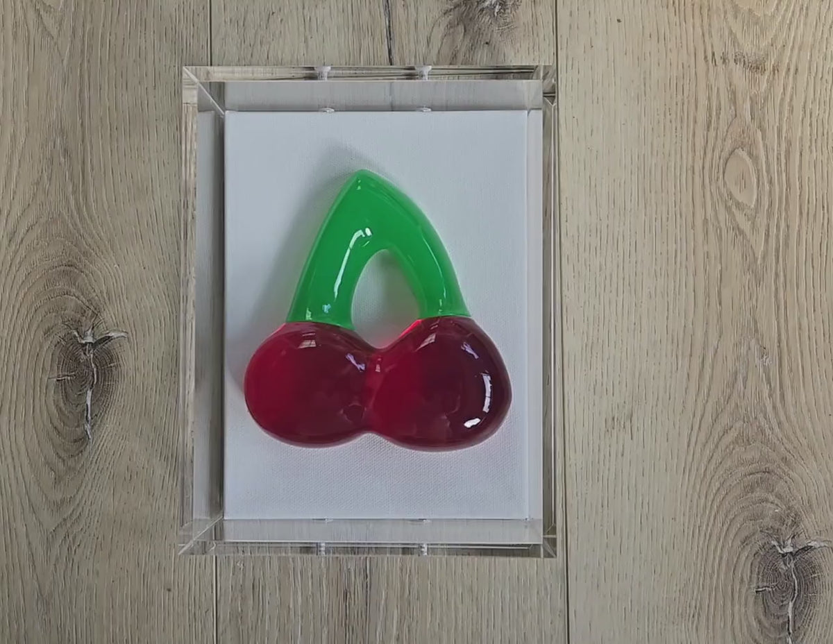 3D Cherry Gummy Wall Art | Resin Candy Sculpture in Acrylic Shadow Box (Nostalgic Decor)
