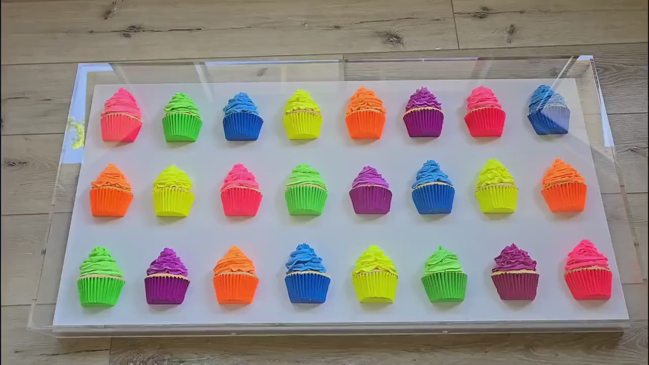 3D Cupcake Shadow Box Art – Vibrant Kitchen Decor, 24 Piece Dessert Display, Customize Luxury Visual Decor.