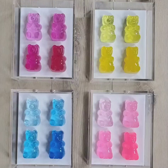 Pop Art Resin Candy Gummy Bear Sculpture in Shadow Box | Playful Nursery Kids Wall Decor | Modern Pop Art Wall Art Set with 4 Colorful Bears