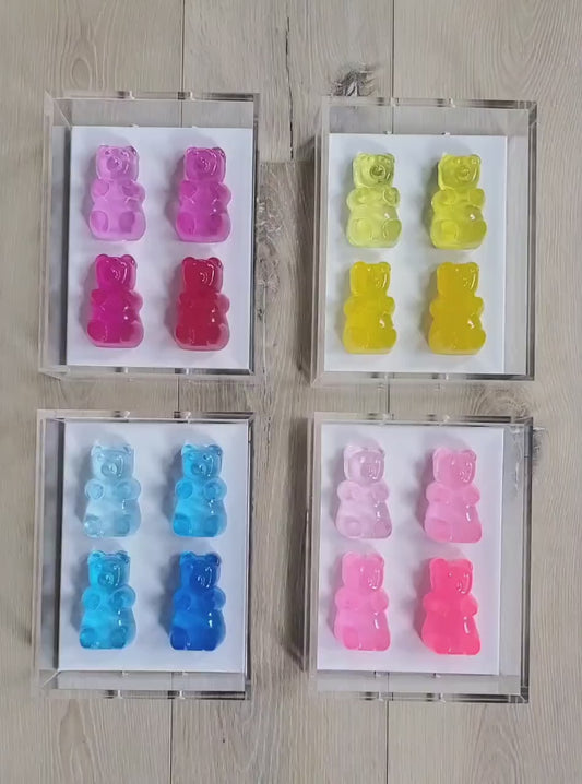 Pop Art Resin Candy Gummy Bear Sculpture in Shadow Box | Playful Nursery Kids Wall Decor | Modern Pop Art Wall Art Set with 4 Colorful Bears