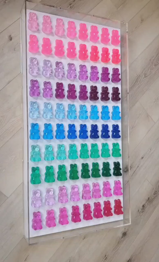 Contemporary Pop Art Gummy Bear Wall Decor | 3D Resin Candy Bear Shadow Box | Vibrant Kitchen or Game Room Art | Modern Interior Design