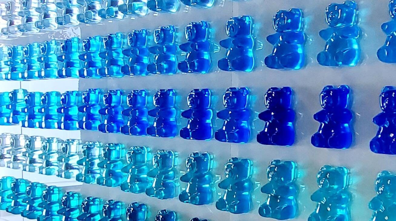 Pop Art Gummy Bear Wall Decor, Modern Pop Art, 42 Resin Bears, Kitchen Wall Art, Nursery decor. Original Creator, Shadow Box Frame.
