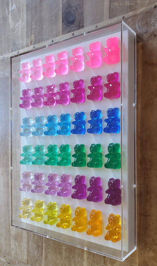 Pop Art Gummy Bear Wall Decor, Modern Pop Art, 42 Resin Bears, Kitchen Wall Art, Nursery decor. Original Creator, Shadow Box Frame.
